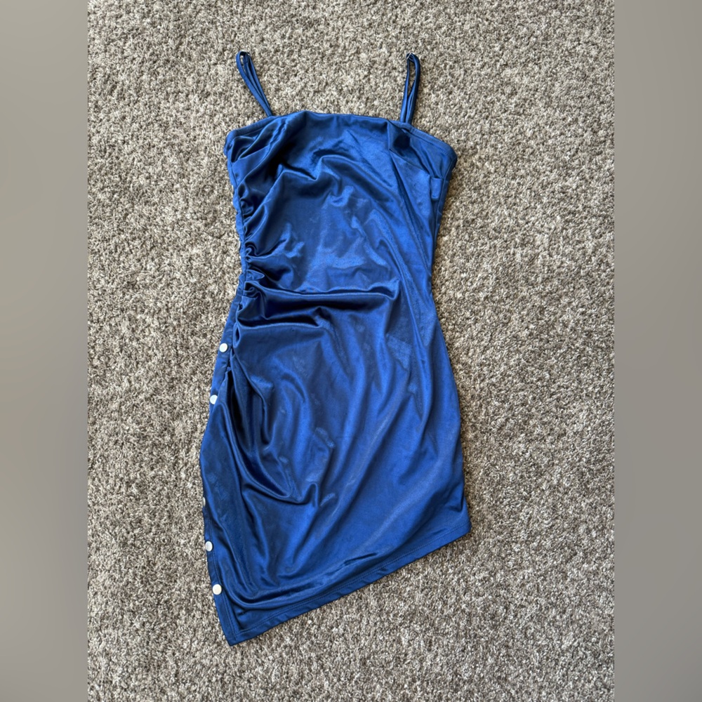 Blue Asymmetrical Mini Dress with Button Detail